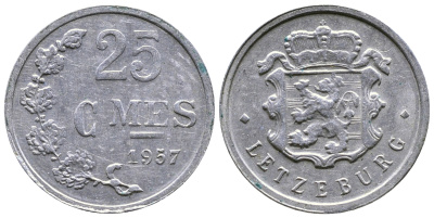 Люксембург 25 сантимов 1957 Шарлотта (1918-1964) KM 45a.1 алюминий 220-216