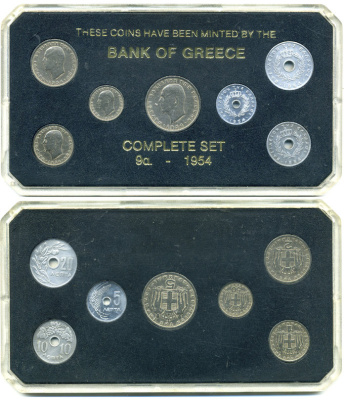 Греция набор из 7 монет 1954 в пластике, монеты из обращения 3-6-3-11