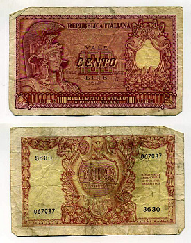 Италия 100 лир 1951 Афина в шлеме, Di Cristina, Cavallaro Pick 92 b бумага 6266-44-3-2