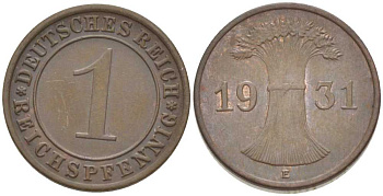 ГЕРМАНИЯ 1 РЕЙХСПФЕННИГ 1931 E KM 37, J. 313, Weege 2 бронза 206-837