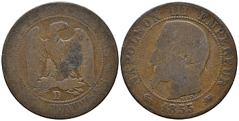 ФРАНЦИЯ 5 САНТИМОВ 1855 D, НАПОЛЕОН III (1852-1870) KM 777.4, LE FRANC 116.23 бронза 67-115