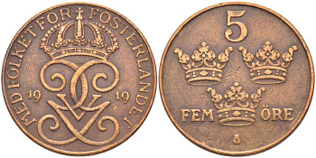 Швеция 5 эре 1919 Густав V (1907-1950) KM 779.2 бронза 115-835