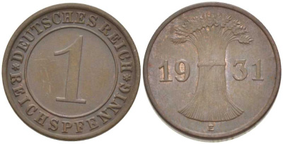 ГЕРМАНИЯ 1 РЕЙХСПФЕННИГ 1931 E KM 37, J. 313, Weege 2 бронза 206-837