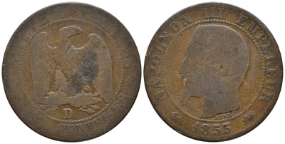 ФРАНЦИЯ 5 САНТИМОВ 1855 D, НАПОЛЕОН III (1852-1870) KM 777.4, LE FRANC 116.23 бронза 67-115
