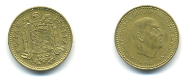 ИСПАНИЯ 1 ПЕСЕТА 1966 (72) ФРАНСИСКО ФРАНКО ДИКТАТОР ИСПАНИИ (1939-1975) КМ 796 алюминиевая бронза 80-1117