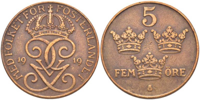 Швеция 5 эре 1919 Густав V (1907-1950) KM 779.2 бронза 115-835