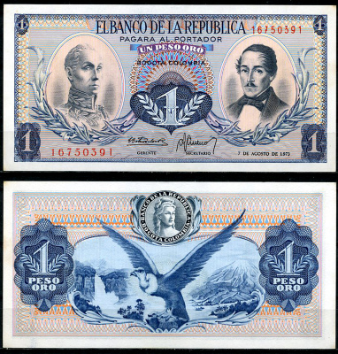 Колумбия 1 песо 1973 Симон Боливар, генерал Франсиско де Паула Сантандер Pick 404e  бумага  UNC (пресс) 444-138-1-2