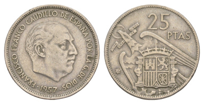 Испания 25 песет 1957 (58) Франсиско Франко KM 787 медно-никель 4176-712
