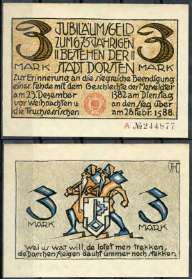 Германия, Дорстен 3 марки 1922 нотгельд, историческая серия Li.273, M.282.1  бумага  UNC (пресс) 444-85-3-2