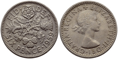 Великобритания 6 пенсов 1959 Елизавета II (1952-2022) KM 903, Spink 4149 медно-никель 75-962
