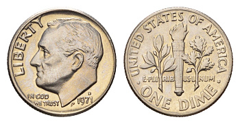 США 1 дайм (10 центов) 1971 D, Рузвельт, из набора KM 195a медь плакированная медно-никелем BU 4685-524