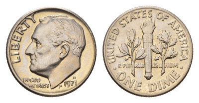 США 1 дайм (10 центов) 1971 D, Рузвельт, из набора KM 195a медь плакированная медно-никелем BU 4685-524