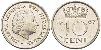 НИДЕРЛАНДЫ 10 ЦЕНТОВ 1967 ЮЛИАНА KM 182 никель 4547-839