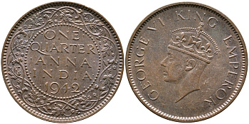 Британская Индия 1/4 анна 1942 Георг VI (1937-1952) KM 531 бронза aUNC 4364-1546