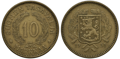 Финляндия 10 марок 1931 S KM 63 алюминиевая бронза 4388-1051
