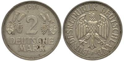 ФРГ 2 марки 1951 F J 386, KM 111 медно-никель плакированный никелем 1515-2311