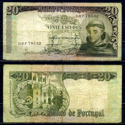 Португалия 20 эскудо 1964 Антоний Падуанский Pick 167 b (8) бумага 6266-9-4-2