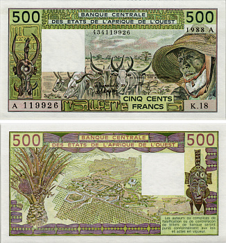 ВАЛЮТНЫЙ СОЮЗ СТРАН ЗАПАДНОЙ АФРИКИ, КОТ-Д'ИВУАР 500 ФРАНКОВ 1988 ПОДПИСЬ 14, БУКВА А Pick 106Аа бумага UNC (ПРЕСС) 8592-22-1-1
