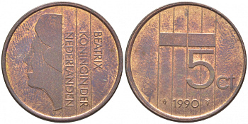 НИДЕРЛАНДЫ 5 ЦЕНТОВ 1990 БЕАТРИКС KM 202 бронза 3856-541