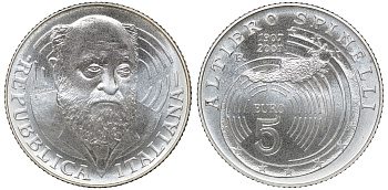 Италия 5 евро 2007 100 лет со дня рождения Альтьери Спинелли KM 293 серебро UNC 6-5-1-31