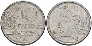 БРАЗИЛИЯ 10 СЕНТАВО 1977 РЕФОРМА 1967-1985, ГОЛОВА СВОБОДЫ ВЛЕВО KM 578.1а нержавеющая сталь 37-1212