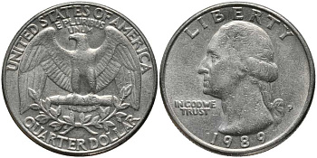 США 25 ЦЕНТОВ = КВОТЕР 1989 P, ВАШИНГТОН KM А164а медь плакированная медно-никелем 113-514