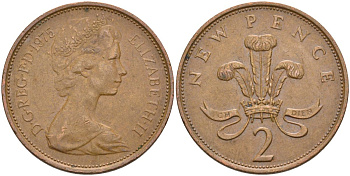 Великобритания 2 пенса 1975 Елизавета II (1952-2022) KM 916, Spink 4235 (C1) бронза 4593-831
