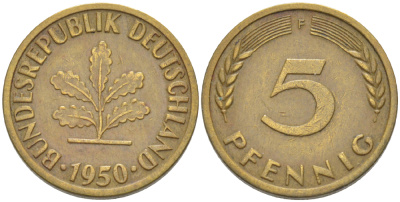 ФРГ 5 ПФЕННИГОВ 1950 F KM 107, J. 382 сталь плакированная латунью 4181-911