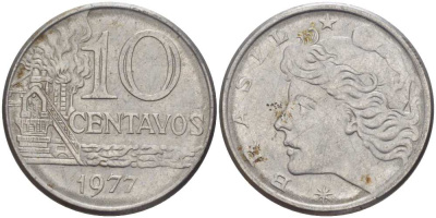 БРАЗИЛИЯ 10 СЕНТАВО 1977 РЕФОРМА 1967-1985, ГОЛОВА СВОБОДЫ ВЛЕВО KM 578.1а нержавеющая сталь 37-1212