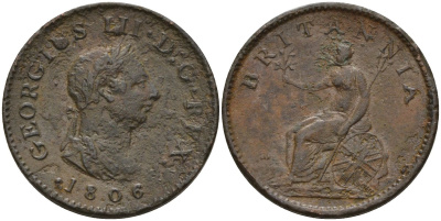Великобритания 1 фартинг 1806 Георг III (1760-1820) KM 661 медь 4146-356