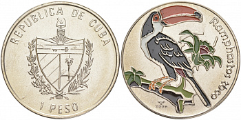 Куба 1 песо 2006 серия карибская фауна, большой тукан (Ramphastos toco), цветная эмаль KM 869 никелированная сталь UNC M27-07
