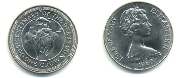 Остров Мэн 1 крона 1980 200 лет дерби, ипподромные скачки КМ 63 медно-никель UNC 58-911