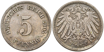 Германия 5 пфеннигов 1905 E KM 11, J. 12 медно-никель 4151-911