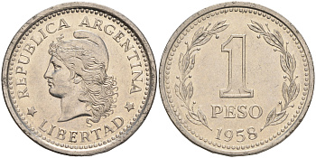 Аргентина 1 песо 1958 голова свободы влево KM 57 сталь плакированная никелем 4561-542