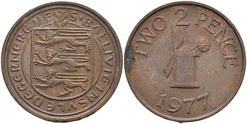 Гернси 2 пенса 1977 Елизавета II (1952-), мельница KM 28 бронза 4586-823