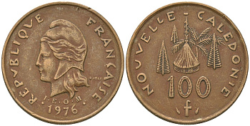 Французская Новая Каледония 100 франков 1976 хижина среди сосен и пальм, (IEOM) KM 15, Schoen 16, Lec 130 никель бронза 88-212