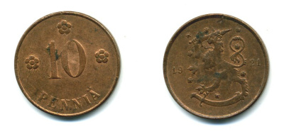 Финляндия 10 пенни 1921 республика (1918-1962) KM 24 медь 46-224