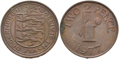 Гернси 2 пенса 1977 Елизавета II (1952-), мельница KM 28 бронза 4586-823