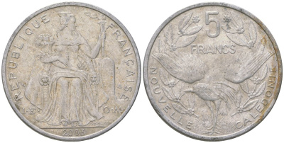 Французская Новая Каледония 5 франков 2003 птица кагу, (IEOM) KM 16, Schoen 12, Lec 81h алюминий 189-1115