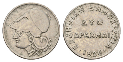 Греция 2 драхмы 1926 Афина в коринфском шлеме, год-тип KM 70 медно-никель 4670-126