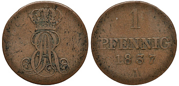 Ганновер 1 пфенниг 1837 A, Эрнст Август (1837-1851) KM 173.1, AKS 126, J. 54 медь 75-516