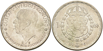 Швеция 1 крона 1948 TS, Густав V (1907-1950) KM 814 серебро 3851-533