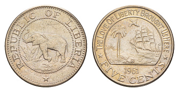 Либерия 5 центов 1961  KM 14 медно-никель  aUNC  4659-434