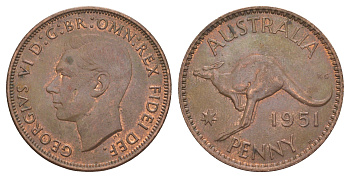 Австралия 1 пенни 1951 PL, Георг VI (1936-1952), кенгуру KM 43 бронза aUNC 82-311
