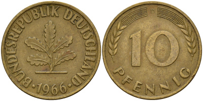 ФРГ 10 пфеннигов 1966 D J. 383, KM 108 сталь плакированная латунью    4603-324