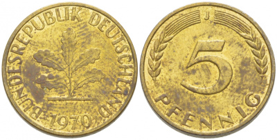 ФРГ 5 ПФЕННИГОВ 1970 J KM 107 J. 382 сталь плакированная латунью 3955-559