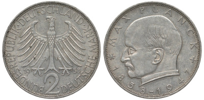 ФРГ 2 марки 1958 F, Макс Планк KM 116, J. 392 медно-никель плакированный никелем 4680-941