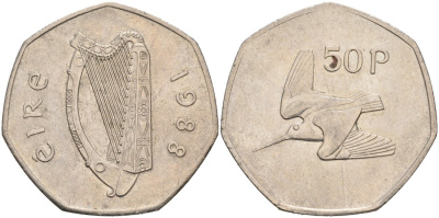 Ирландия 50 пенсов 1988 ВАЛЬДШНЕП KM 24 медно-никель 88-645