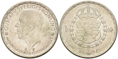 Швеция 1 крона 1948 TS, Густав V (1907-1950) KM 814 серебро 3851-533