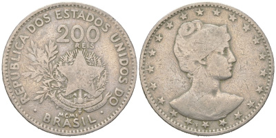 Бразилия 200 реалов 1901 MCMI, голова свободы вправо KM 504 медно-никель 4612-216